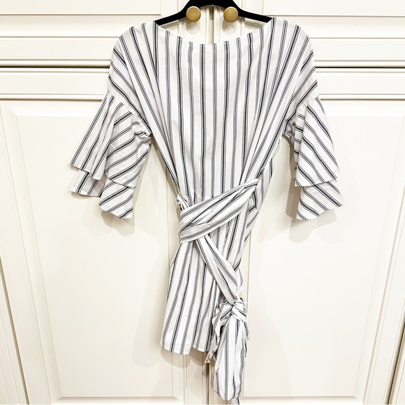 WAYF Women’s Beckett Blue Striped Ruffle Wrap Dress Large Bow Cotton Stretch S - Picture 13 of 13